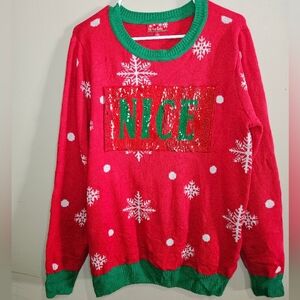 To Be Jolly Ugly Christmas Sweater “NICE” Sequin Red Size L